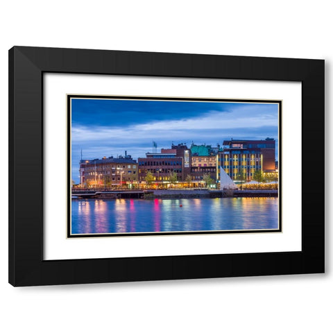Sweden-Lake Vattern Area-Jonkoping-renovated harbor area along Munksjon Bay-dusk Black Modern Wood Framed Art Print with Double Matting by Bibikow, Walter