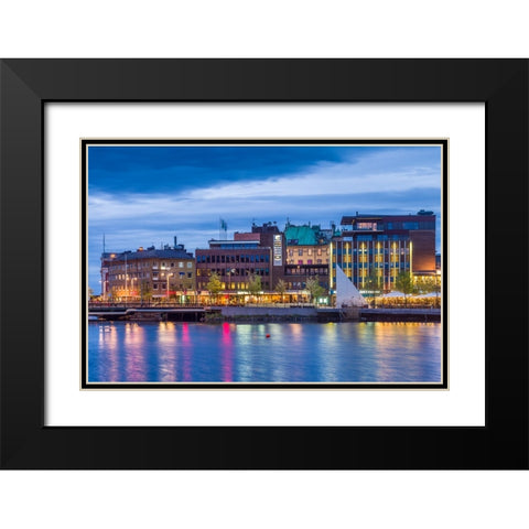 Sweden-Lake Vattern Area-Jonkoping-renovated harbor area along Munksjon Bay-dusk Black Modern Wood Framed Art Print with Double Matting by Bibikow, Walter