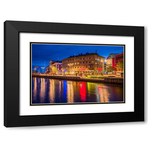 Sweden-Lake Vattern Area-Jonkoping-renovated harbor area along Munksjon Bay-dusk Black Modern Wood Framed Art Print with Double Matting by Bibikow, Walter