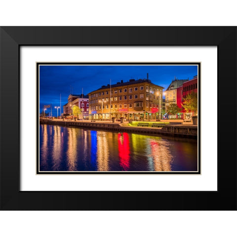 Sweden-Lake Vattern Area-Jonkoping-renovated harbor area along Munksjon Bay-dusk Black Modern Wood Framed Art Print with Double Matting by Bibikow, Walter