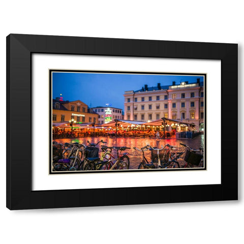 Sweden-Linkoping-cafes and bars on Stora target square-dusk Black Modern Wood Framed Art Print with Double Matting by Bibikow, Walter