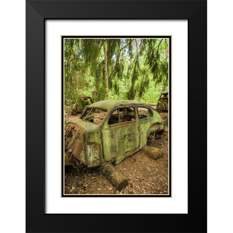 Sweden-Smaland-Ryd-Kyrko Mosse Car Cemetery-former junkyard now pubic park-junked cars Black Modern Wood Framed Art Print with Double Matting by Bibikow, Walter