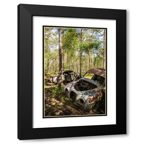 Sweden-Smaland-Ryd-Kyrko Mosse Car Cemetery-former junkyard now pubic park-junked cars Black Modern Wood Framed Art Print with Double Matting by Bibikow, Walter