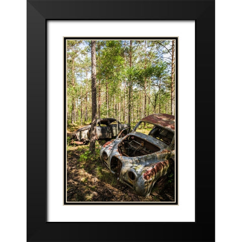 Sweden-Smaland-Ryd-Kyrko Mosse Car Cemetery-former junkyard now pubic park-junked cars Black Modern Wood Framed Art Print with Double Matting by Bibikow, Walter