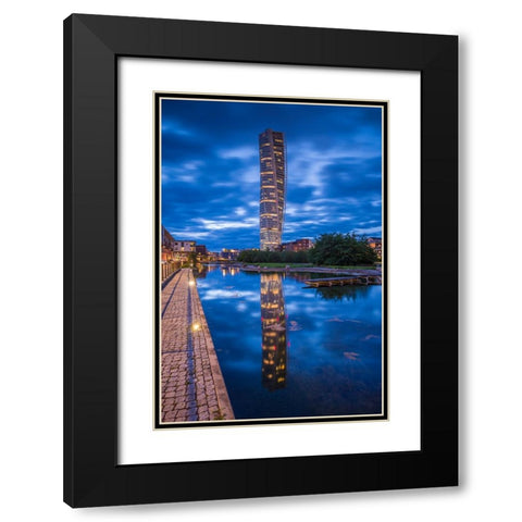 Sweden-Scania-Malmo-Turning Torso building-designed by architect Santiago Calatrava-2005-dusk Black Modern Wood Framed Art Print with Double Matting by Bibikow, Walter