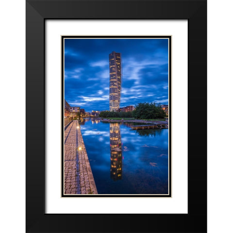 Sweden-Scania-Malmo-Turning Torso building-designed by architect Santiago Calatrava-2005-dusk Black Modern Wood Framed Art Print with Double Matting by Bibikow, Walter