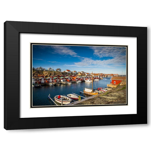 Sweden-Bohuslan-Smogen-Smogenbryggan-antique boat houses and fishing shacks Black Modern Wood Framed Art Print with Double Matting by Bibikow, Walter