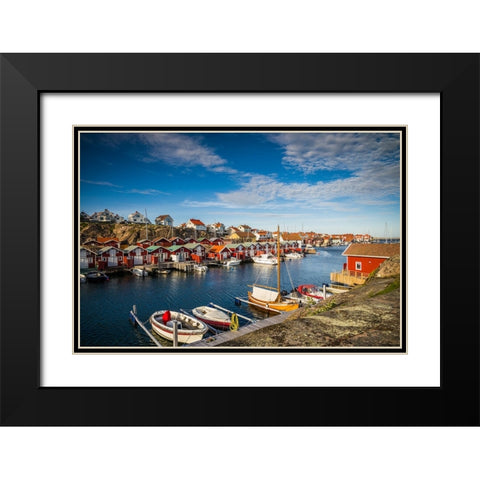 Sweden-Bohuslan-Smogen-Smogenbryggan-antique boat houses and fishing shacks Black Modern Wood Framed Art Print with Double Matting by Bibikow, Walter