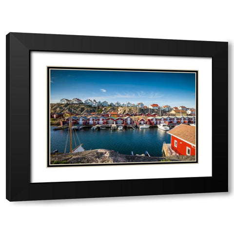Sweden-Bohuslan-Smogen-Smogenbryggan-antique boat houses and fishing shacks Black Modern Wood Framed Art Print with Double Matting by Bibikow, Walter