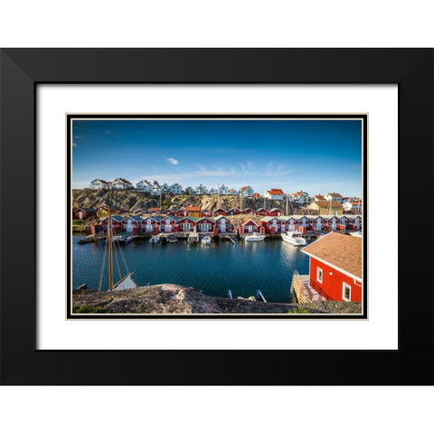 Sweden-Bohuslan-Smogen-Smogenbryggan-antique boat houses and fishing shacks Black Modern Wood Framed Art Print with Double Matting by Bibikow, Walter