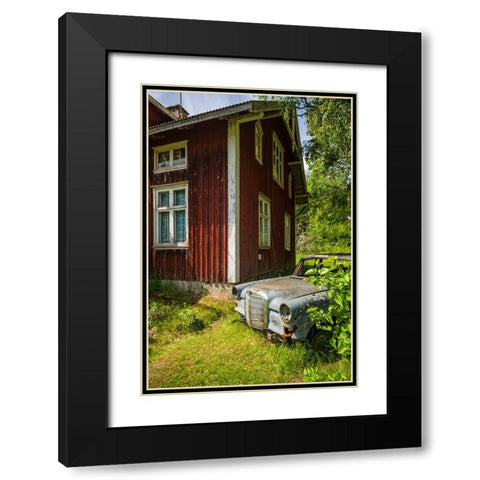 Sweden-Varmland-Bastnas-Bastnas Car Cemetery public park-antique car junkyard Black Modern Wood Framed Art Print with Double Matting by Bibikow, Walter