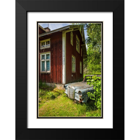 Sweden-Varmland-Bastnas-Bastnas Car Cemetery public park-antique car junkyard Black Modern Wood Framed Art Print with Double Matting by Bibikow, Walter