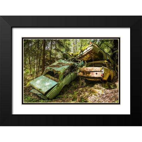 Sweden-Varmland-Bastnas-Bastnas Car Cemetery public park-antique car junkyard Black Modern Wood Framed Art Print with Double Matting by Bibikow, Walter