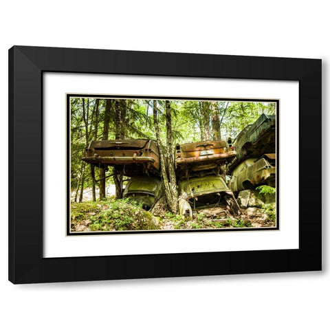 Sweden-Varmland-Bastnas-Bastnas Car Cemetery public park-antique car junkyard Black Modern Wood Framed Art Print with Double Matting by Bibikow, Walter
