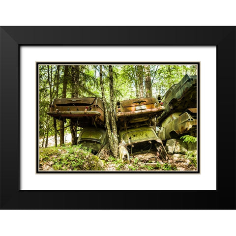 Sweden-Varmland-Bastnas-Bastnas Car Cemetery public park-antique car junkyard Black Modern Wood Framed Art Print with Double Matting by Bibikow, Walter