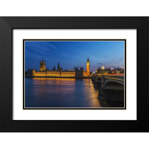 England, London Parliament and Bridge at dusk Black Modern Wood Framed Art Print with Double Matting by Kirkland, Dennis