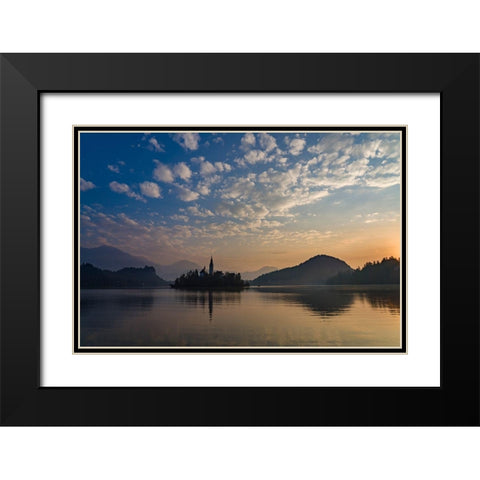 Slovenia Dawn over Lake Bled Black Modern Wood Framed Art Print with Double Matting by Tharp, Brenda