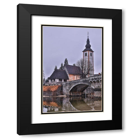 Slovenia-Upper Carniola-Ribcev Laz-Lake Bohinj-Church of St John the Baptist in early morning light Black Modern Wood Framed Art Print with Double Matting by Looney, Hollice