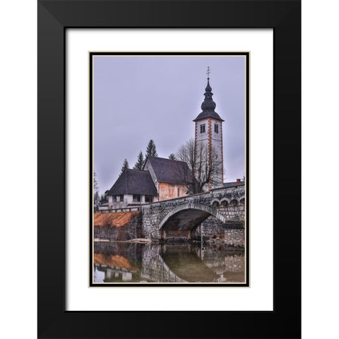 Slovenia-Upper Carniola-Ribcev Laz-Lake Bohinj-Church of St John the Baptist in early morning light Black Modern Wood Framed Art Print with Double Matting by Looney, Hollice