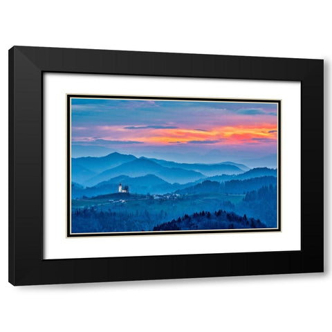 Slovenia-Poljane Sora Valley-hillside church near Gorenja Vas in early morning light Black Modern Wood Framed Art Print with Double Matting by Looney, Hollice