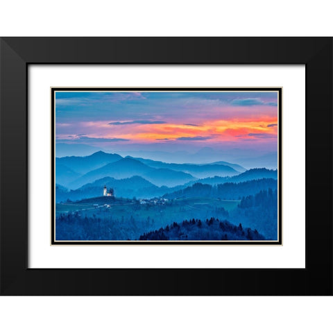 Slovenia-Poljane Sora Valley-hillside church near Gorenja Vas in early morning light Black Modern Wood Framed Art Print with Double Matting by Looney, Hollice