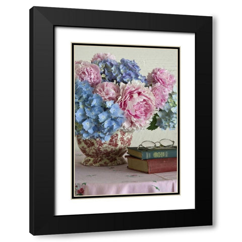 Hydrangea and peony arrangement on table Black Modern Wood Framed Art Print with Double Matting by Paulson, Don