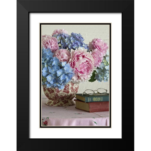 Hydrangea and peony arrangement on table Black Modern Wood Framed Art Print with Double Matting by Paulson, Don