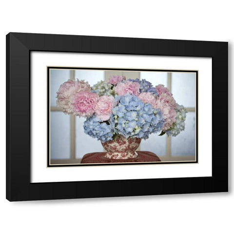 Hydrangea and peony flower arrangement on table Black Modern Wood Framed Art Print with Double Matting by Paulson, Don