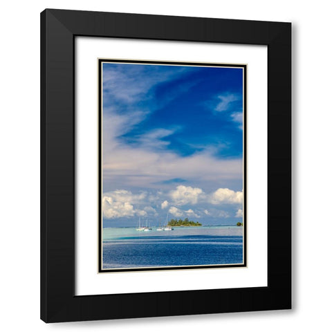 French Polynesia- Moorea. Moored boats and small island. Black Modern Wood Framed Art Print with Double Matting by Jaynes Gallery