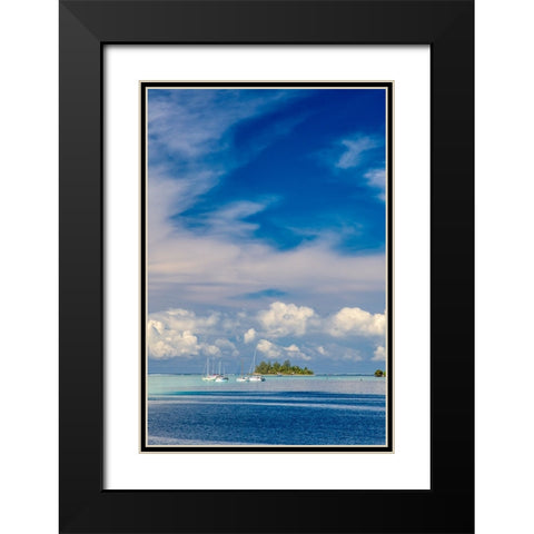 French Polynesia- Moorea. Moored boats and small island. Black Modern Wood Framed Art Print with Double Matting by Jaynes Gallery