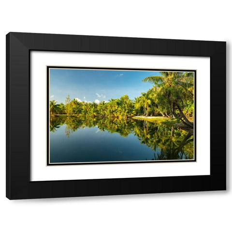 French Polynesia- Tahaa. Tropical jungle reflects in lagoon. Black Modern Wood Framed Art Print with Double Matting by Jaynes Gallery