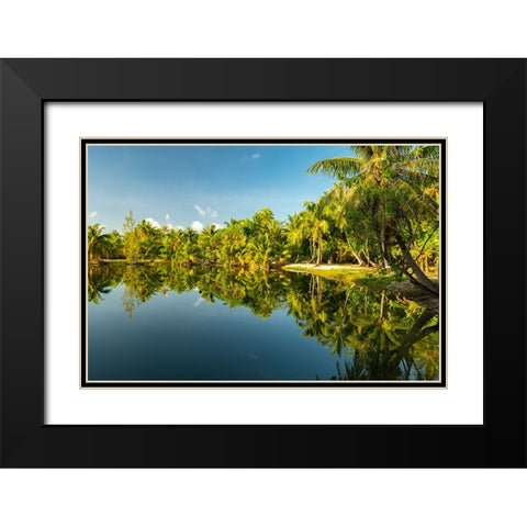 French Polynesia- Tahaa. Tropical jungle reflects in lagoon. Black Modern Wood Framed Art Print with Double Matting by Jaynes Gallery