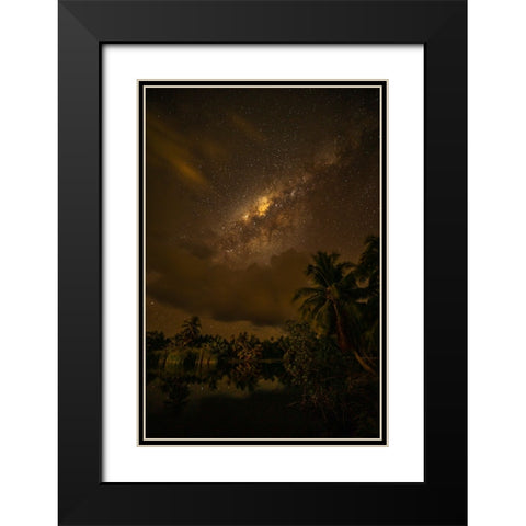French Polynesia- Tahaa. Palm trees and night sky with Milky Way. Black Modern Wood Framed Art Print with Double Matting by Jaynes Gallery