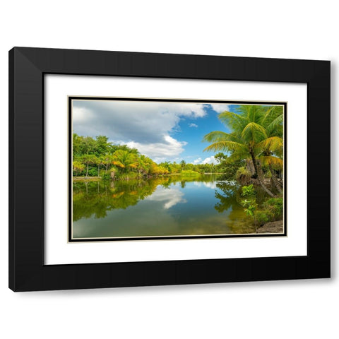 French Polynesia- Tahaa. Tropical jungle reflects in lagoon. Black Modern Wood Framed Art Print with Double Matting by Jaynes Gallery