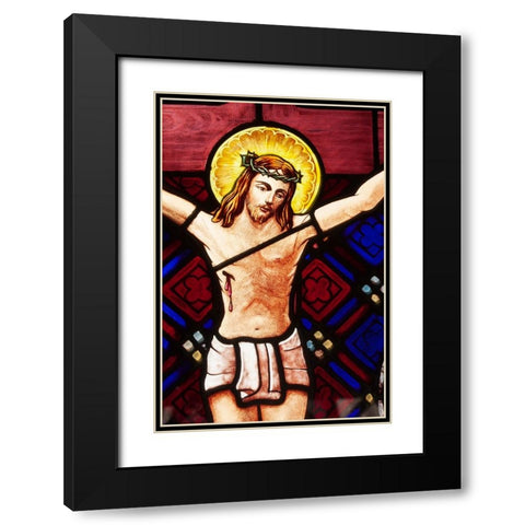 Argentina- Buenos Aires. Stained glass window depicting Jesus crucifixion. Black Modern Wood Framed Art Print with Double Matting by Haseltine, Tom