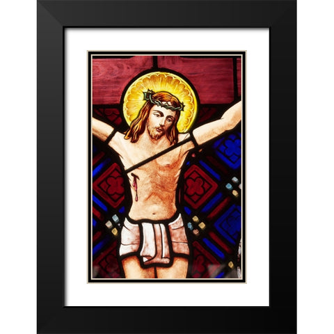 Argentina- Buenos Aires. Stained glass window depicting Jesus crucifixion. Black Modern Wood Framed Art Print with Double Matting by Haseltine, Tom