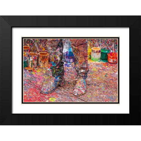 Argentina- Buenos Aires. Colorful paint spatters on artists boots. Black Modern Wood Framed Art Print with Double Matting by Haseltine, Tom