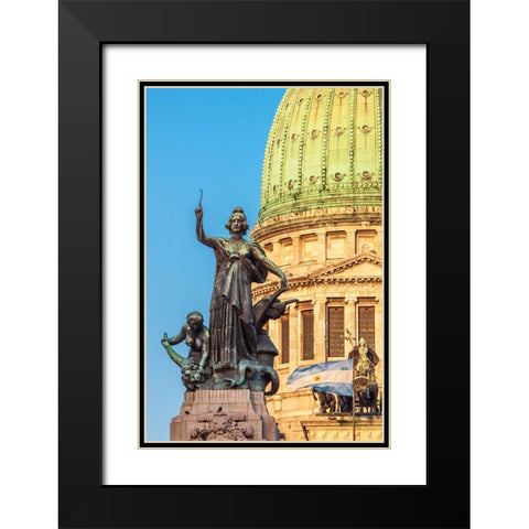 Argentina- Buenos Aires. Statue in front of Capitol building. Black Modern Wood Framed Art Print with Double Matting by Haseltine, Tom