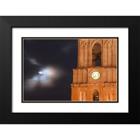 Mexico, Evening sky with moon and church clock Black Modern Wood Framed Art Print with Double Matting by Rotenberg, Nancy