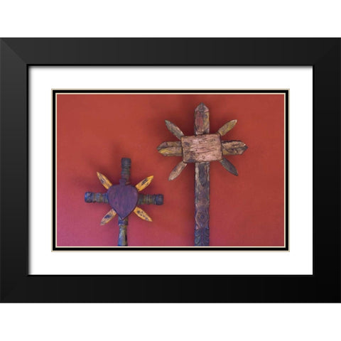 Mexico Two wooden crosses against red wall Black Modern Wood Framed Art Print with Double Matting by Young, Bill
