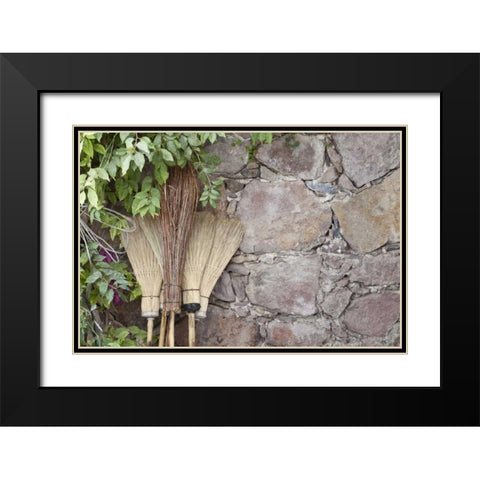 Mexico Brooms leaning against stone wall Black Modern Wood Framed Art Print with Double Matting by Paulson, Don