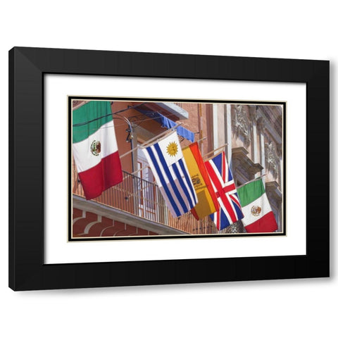 Mexico, Guanajuato Flags displayed from balcony Black Modern Wood Framed Art Print with Double Matting by Paulson, Don