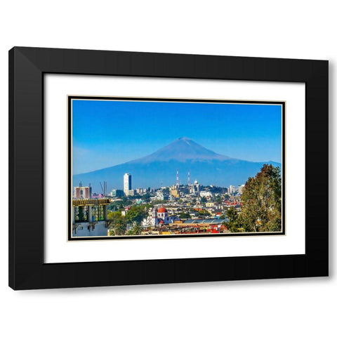 Overlook Buildings Churches Cityscape Volcano Mount Popocatepetl-Puebla-Mexico Black Modern Wood Framed Art Print with Double Matting by Perry, William