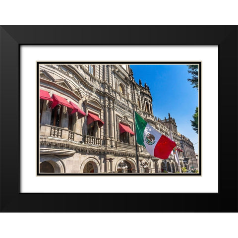 Mexican Flag Major Shopping Street Government Buildings Hotel Zocalo-Puebla-Mexico Black Modern Wood Framed Art Print with Double Matting by Perry, William
