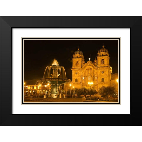 Peru, Cusco, Fountain and Cathedral of Cusco Black Modern Wood Framed Art Print with Double Matting by Kirkland, Dennis