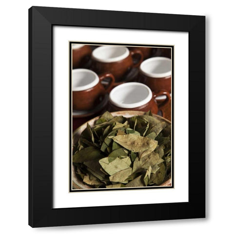 Peru, Cuzco Bowl of coca leaves and tea cups Black Modern Wood Framed Art Print with Double Matting by Kaveney, Wendy