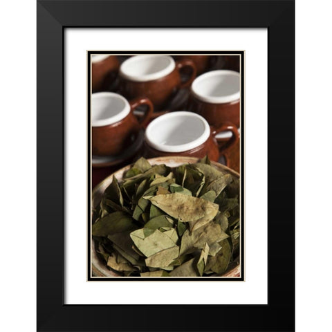 Peru, Cuzco Bowl of coca leaves and tea cups Black Modern Wood Framed Art Print with Double Matting by Kaveney, Wendy