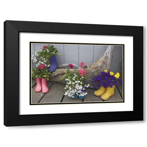 Alaska, Homer Rubber boots used as flower pots Black Modern Wood Framed Art Print with Double Matting by Flaherty, Dennis
