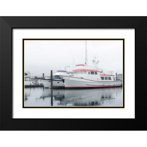 Alaska- Valdez. Two fishing boat in a foggy marina. Black Modern Wood Framed Art Print with Double Matting by Muir, Janet