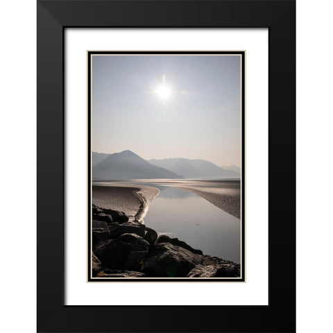 Cook Inlet-Alaska-curved stream-mountains-black and white-sunburst Black Modern Wood Framed Art Print with Double Matting by Sienda, Jolly
